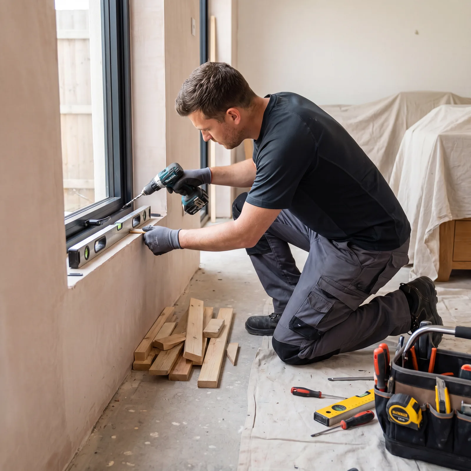 Technician repairing an aluminium window mechanism