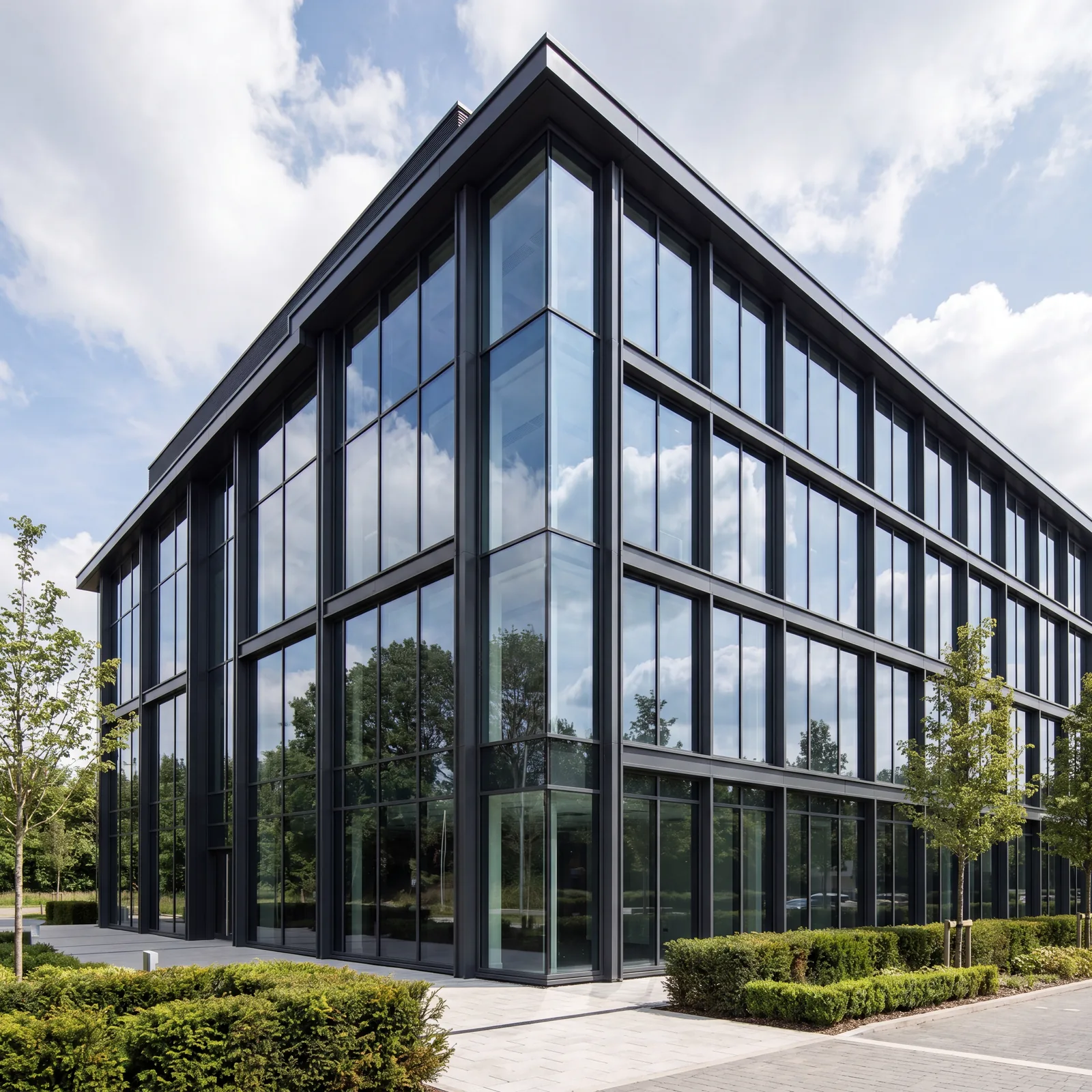 Glazed commercial façade with aluminium curtain walling