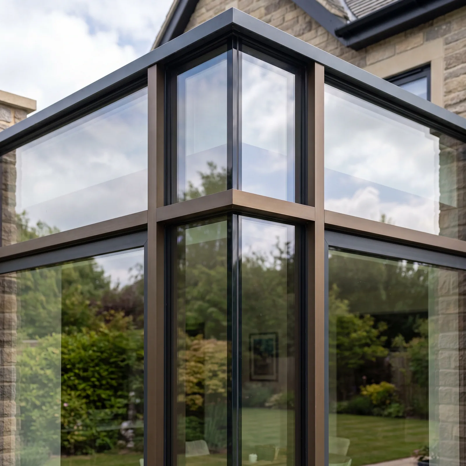 Structural glazed corner detail with slim black aluminium frames